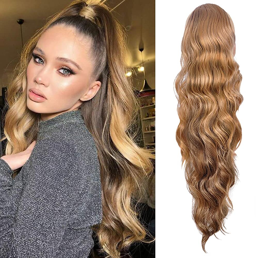 24 pouces long corps vague queue de cheval extension de cheveux synthétique résistant à la chaleur enveloppement autour cordon bouclés ondulés queue de cheval postiches pour les femmes de 2025 ? $6.99 –P6