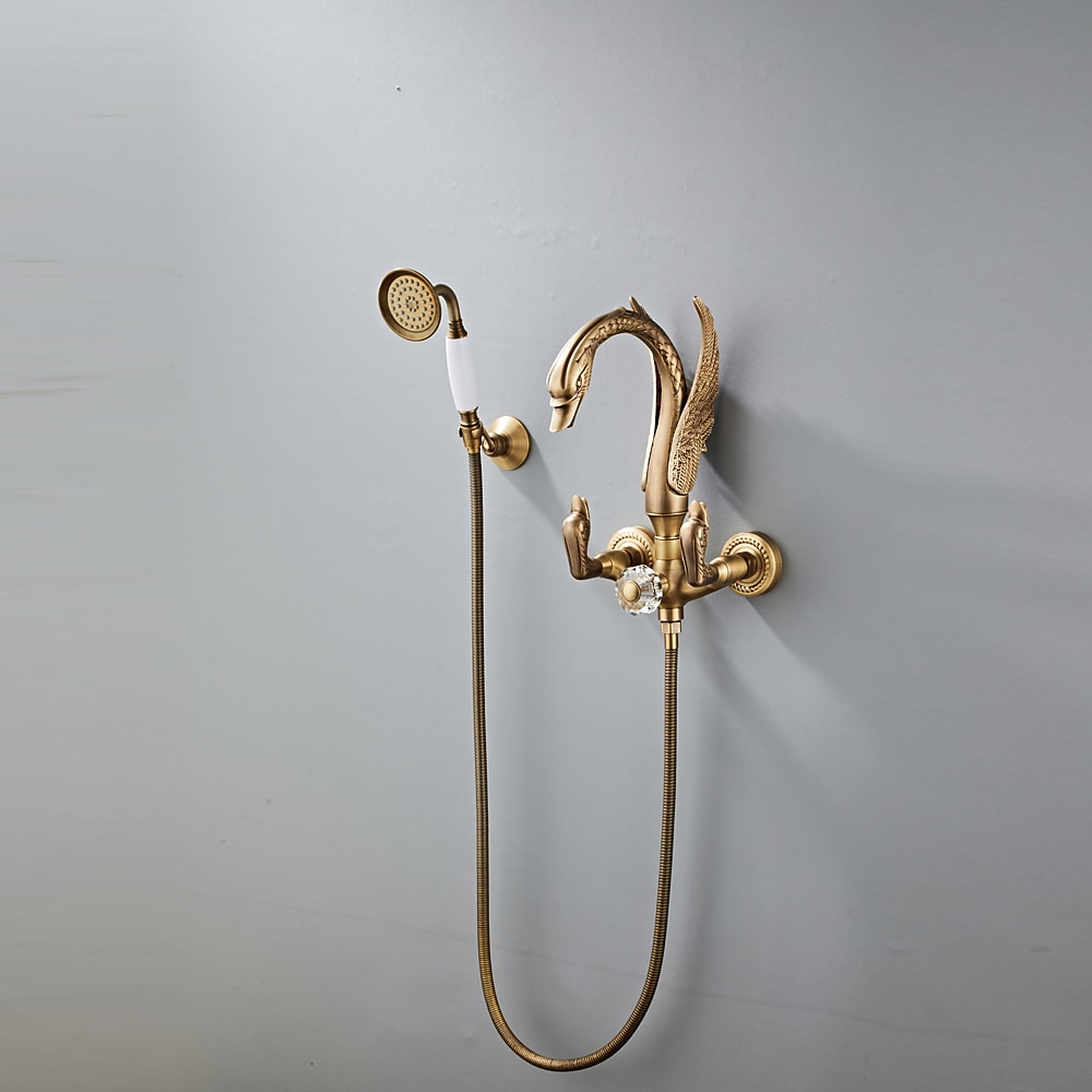 vintage messinginen suihkuhanasetti käsisuihkulla, perinteinen kylpyammeen juoksuputki kaksikahvainen kylpyamme hana seinään kiinnitettävä 2026 - ₩881654 –P5