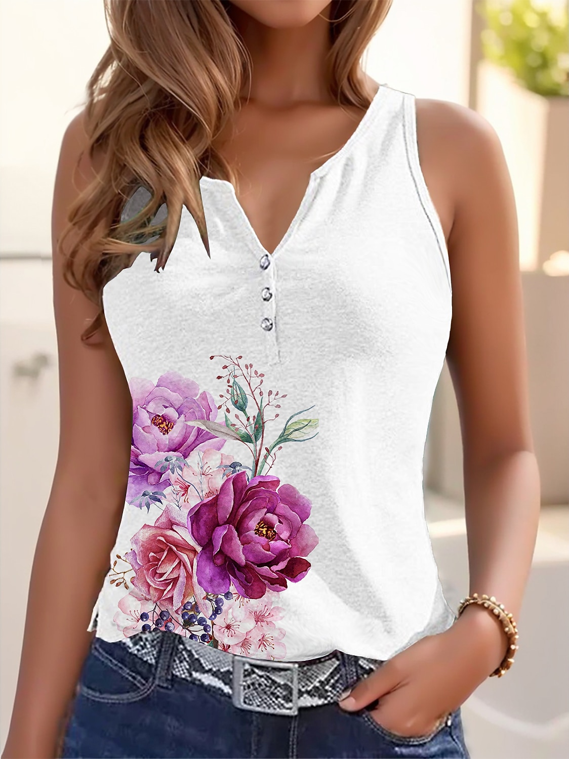 Women's Camisole Tank Top Basic Floral Buttons Print Sleeveless Regular Tops V Neck Casual Holiday Light Green Pink Fuchsia Green Light Blue 2025 - $17.99 –P4