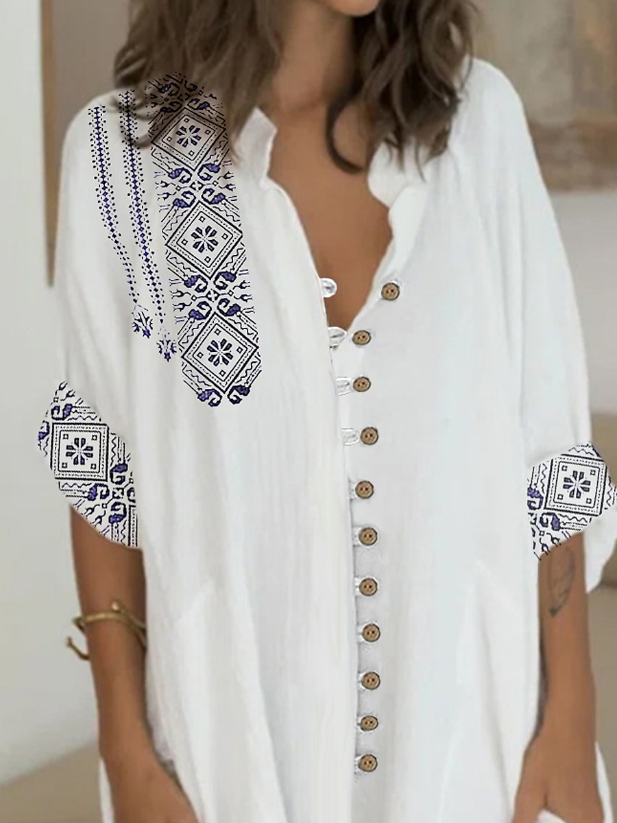 Women's White Summer Spring Mini Dress Petite Dress Shirt Dress Casual Daily Loose Fit Tribal Shirt Collar 2025 - $5.69 –P2