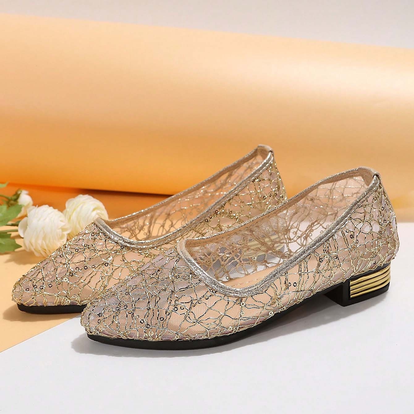 Women's Silver Sequin Mesh Ballet Flats – Elegant Pointed-Toe Flats with Rhinestone Details for Weddings and Formal Occasions 2025 - $19.99 –P11