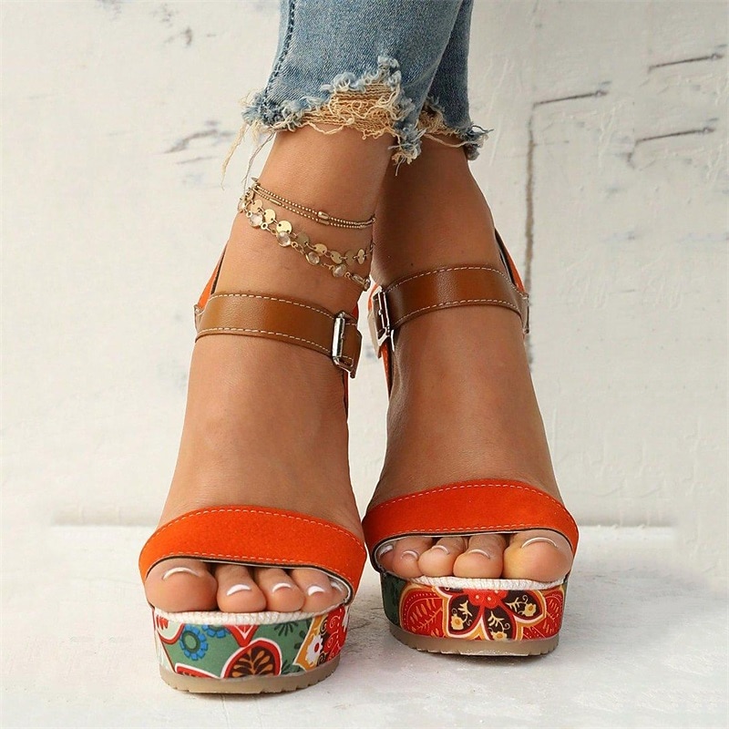 Damen-Keilsandalen im Boho-Stil mit Blumenmuster – offenes Plateaudesign mit verstellbaren Riemen für lässige Sommeroutfits 2026 - $32.99 –P18