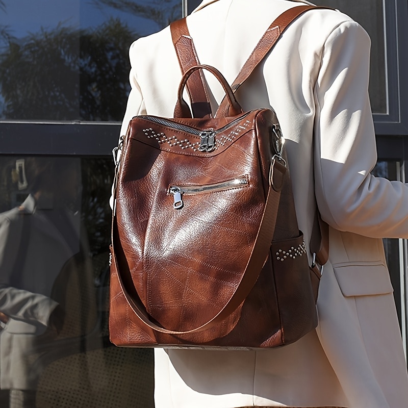 zaino multifunzione in pelle da donna - borsa per il ritorno a scuola antifurto di grande capacità in marrone e nero del 2025 a $34.99 –P3