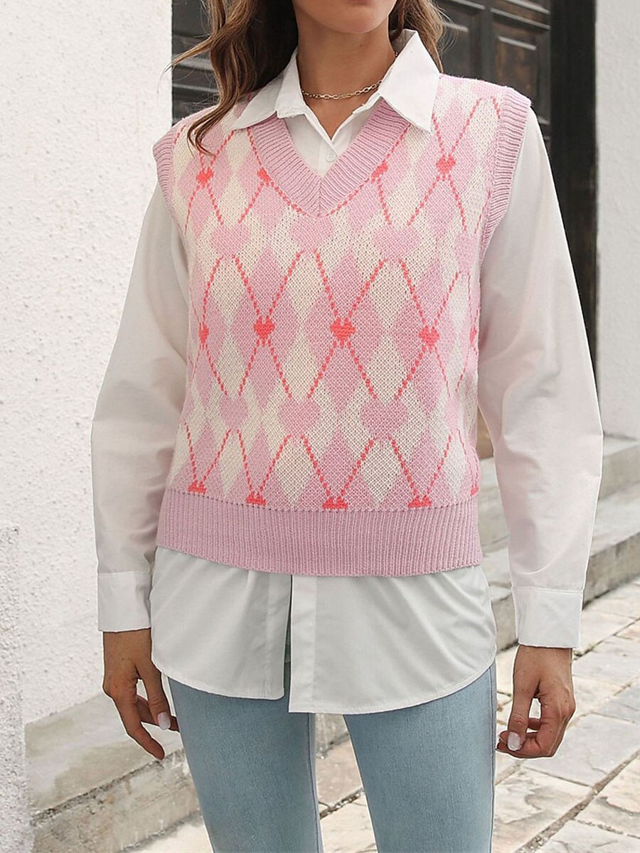 Women's Sweater Vest V Neck Ribbed Knit Acrylic Print Summer Fall Daily Holiday Going out Stylish Casual Soft Sleeveless Argyle Pink S M L 2023 - US $23.99 –P1