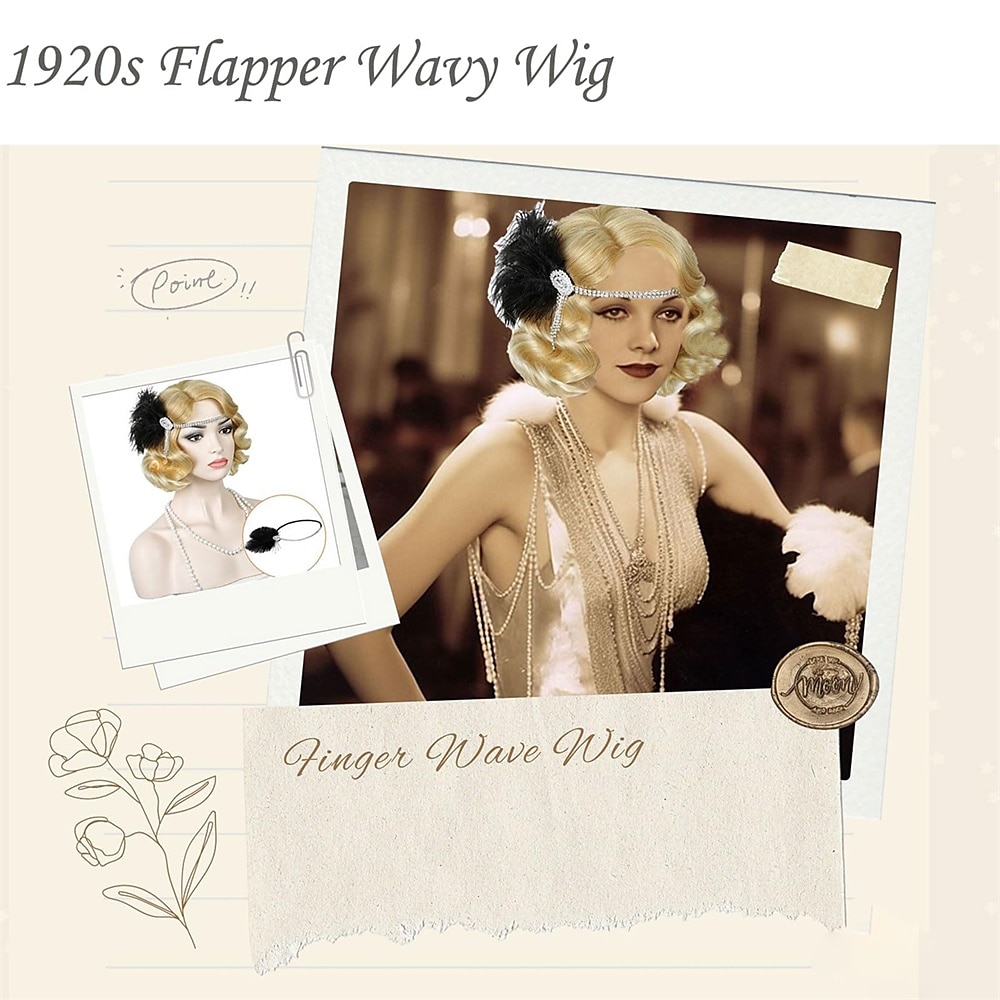 Peruca de Flapper dos Anos 1920 Cacheada com Faixa Peruca Vintage Cacheada dos Anos 20 Cabelo de Fantasia Halloween de 2025 por $19.99 –P2