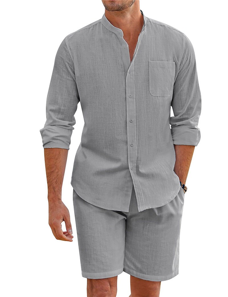 Herren Hemd mit chinesischem Kragen Hemd mit Stehkragen Zweiteilig Hemd Set Sommerhemd Freizeithemd Rosa Blau Grün Beige Grau Langarm Einfach Großvaterkragen Stehkragen Urlaub Täglich Fronttasche 2025 - $40.99 –P7