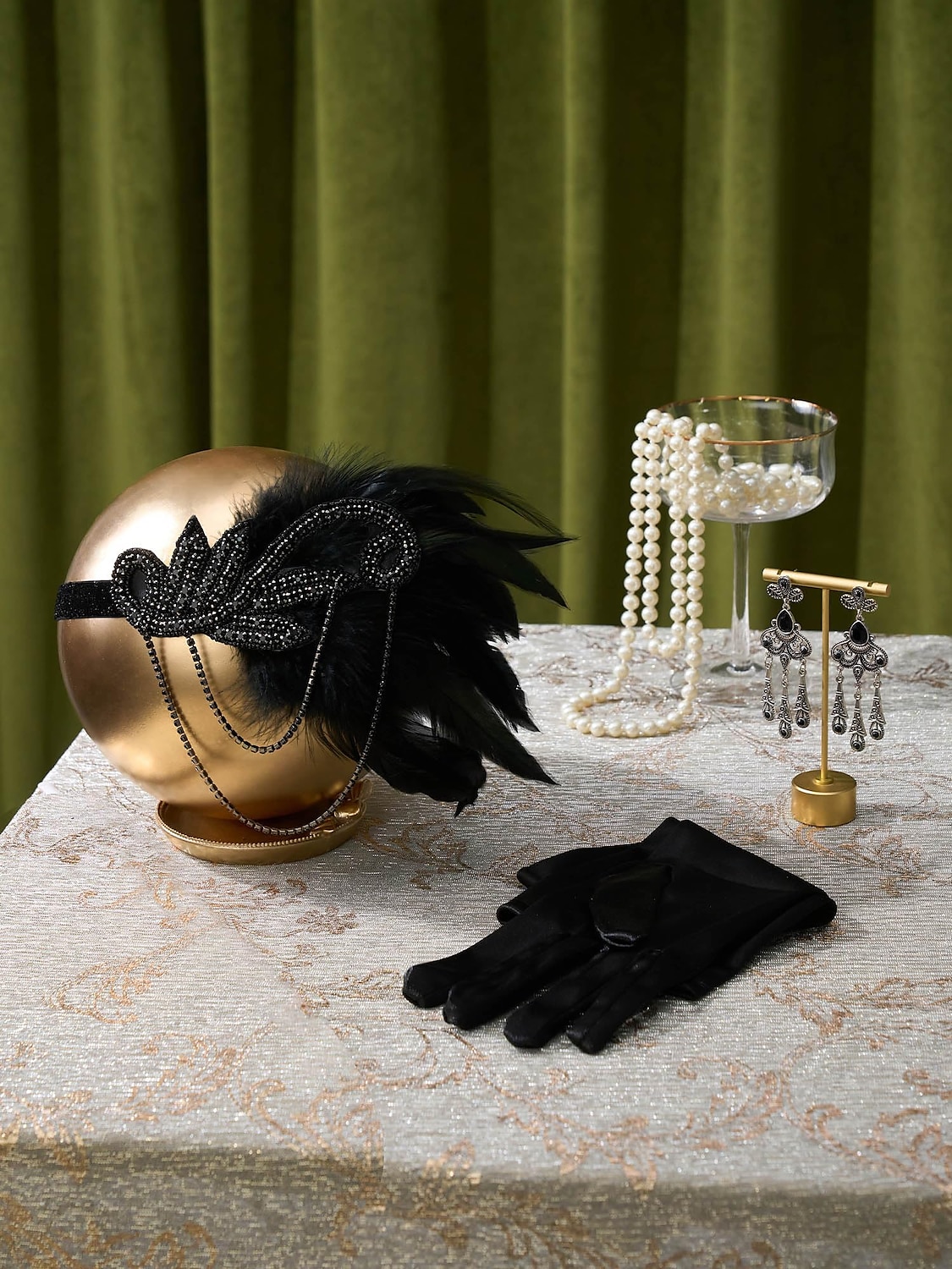 Retro / vintage Glada 20-talet 1920-talet Flapperpannband i tjugotalsstil Tillbehörssats Den store Gatsby Tofs Fjäder Dam Karnival Maskerad Fest / afton Möhippa Vuxna Handskar Huvudbonad Örhänge 2025 - $18.49 –P8