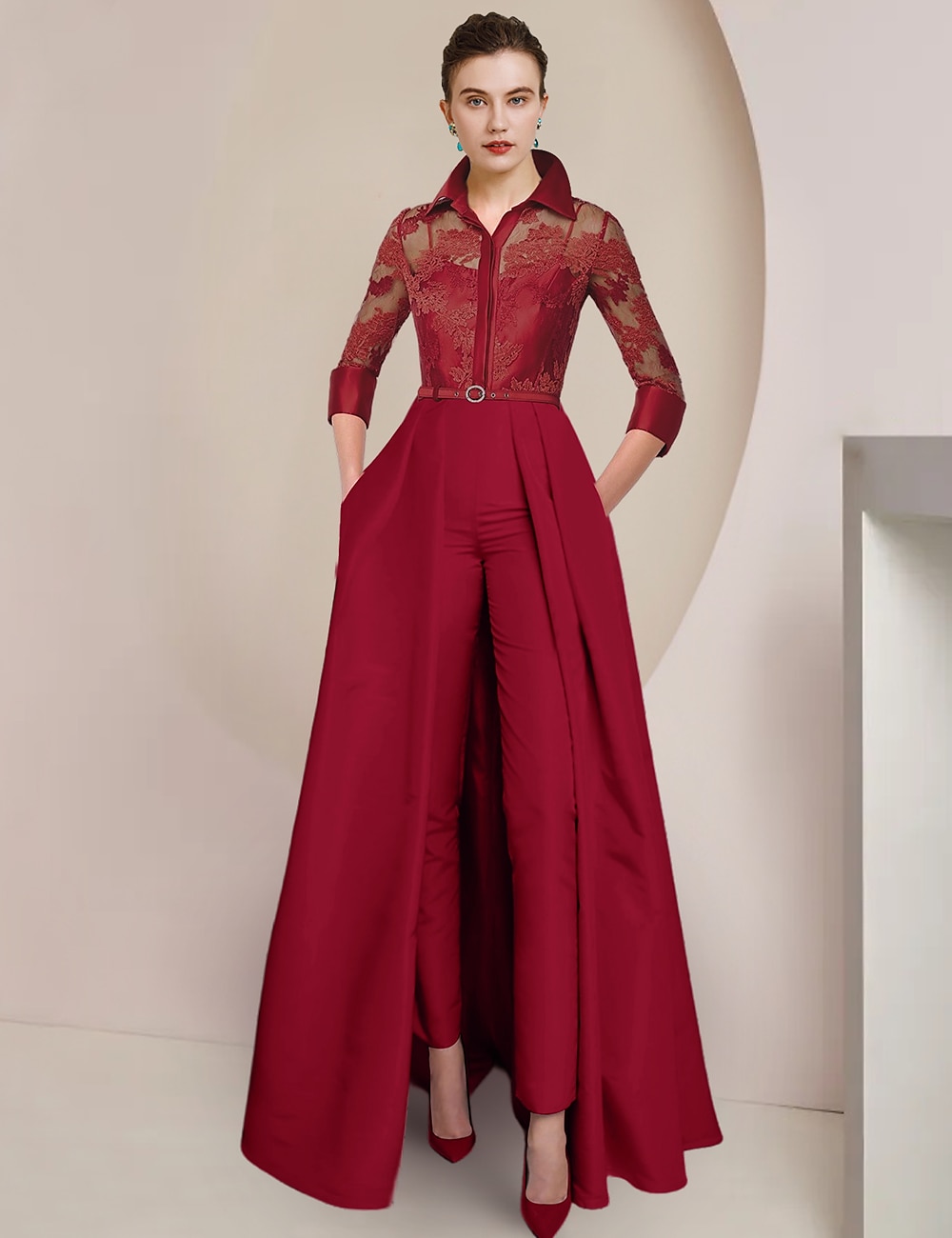 Overál  kalhotový kostým matky nevěsty formální svatební host elegantní párty košile límečkem délka kotníků satén krajka 3/4 délky rukávu s záhyby volným vlastním rozměrem 2025 - $209.99 –P1