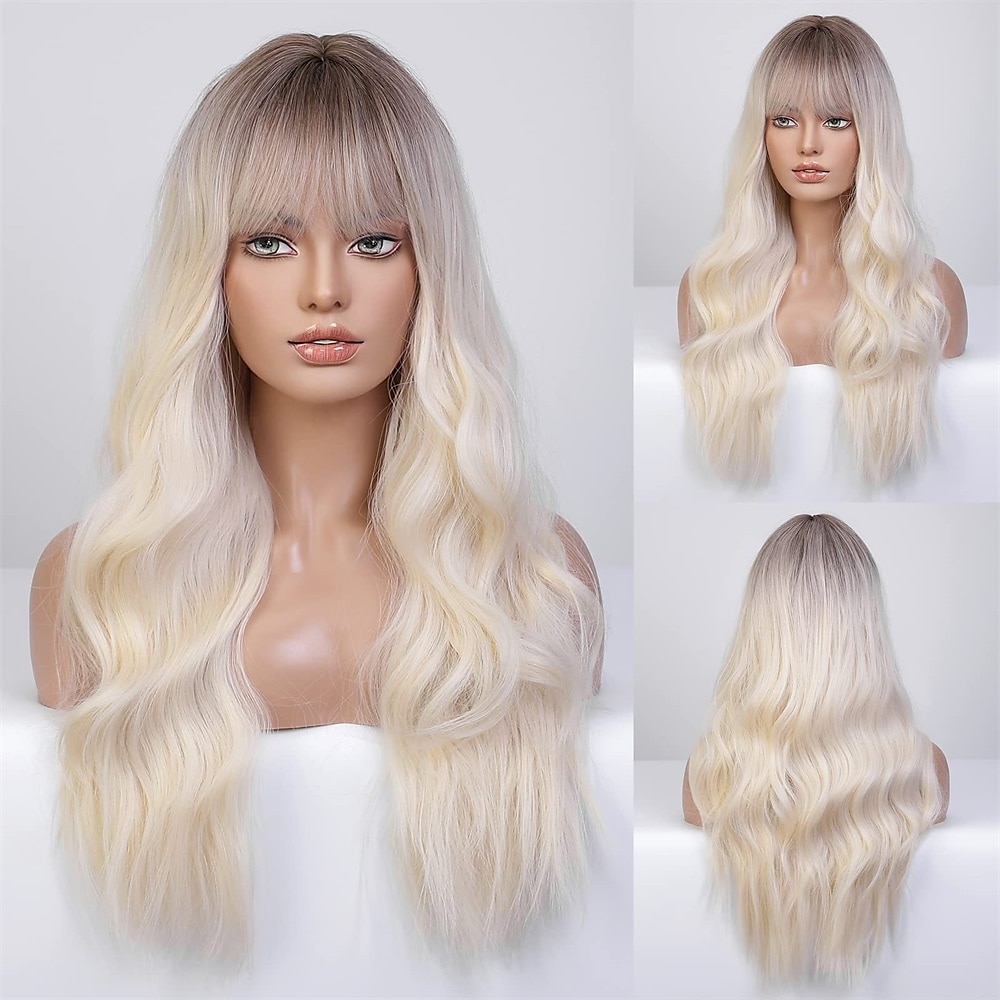 parrucca bionda ombre lunga dritta con frangia radice scura capelli lunghi con frangia aspetto naturale parrucca sintetica resistente al calore festa di gioco quotidiana adatta a donne alla moda 20 del 2025 a $31.99 –P4