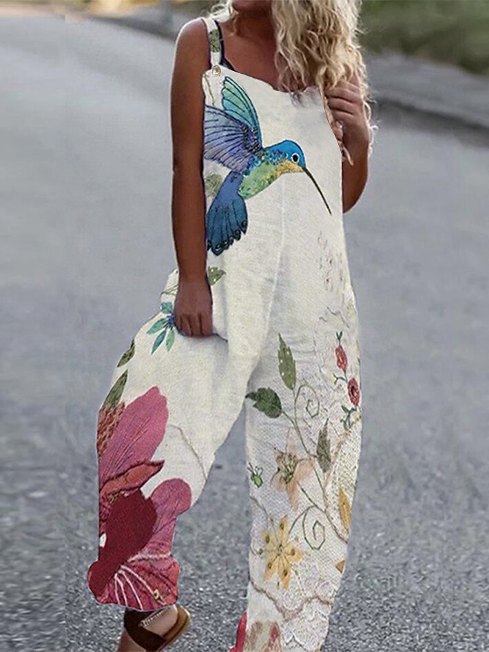 Mulheres Normal Macacão Roupa de rua Floral Sem Manga Perna larga Gola Redonda Imprimir Férias Rua Ajuste Largo Branco Rosa Azul Verão de 2025 por $26.99 -P5