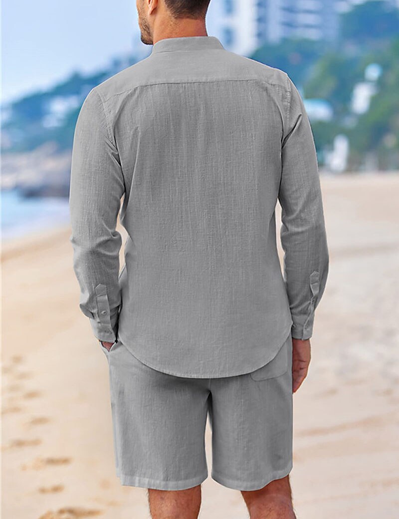 Herren Hemd mit chinesischem Kragen Hemd mit Stehkragen Zweiteilig Hemd Set Sommerhemd Freizeithemd Rosa Blau Grün Beige Grau Langarm Einfach Großvaterkragen Stehkragen Urlaub Täglich Fronttasche 2025 - $40.99 –P8