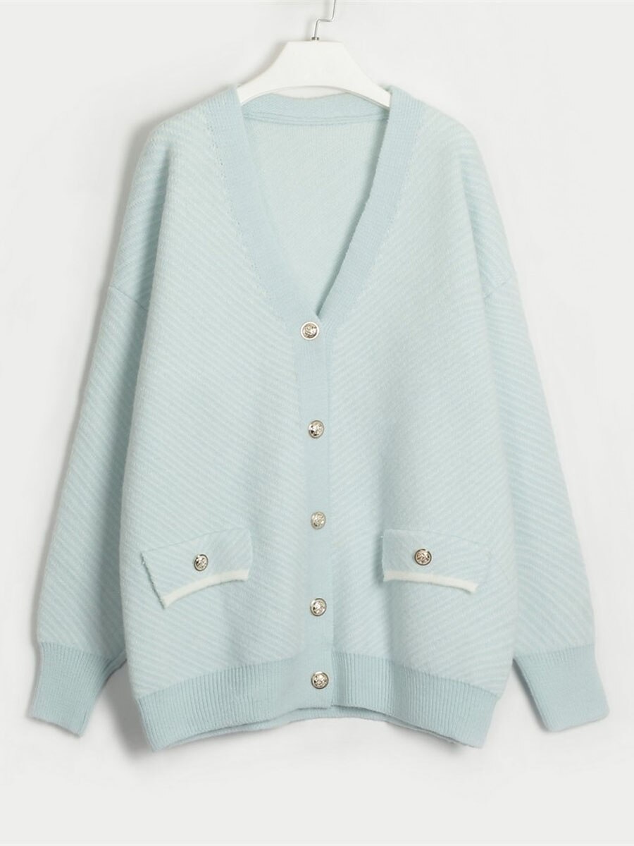 Women's Cardigan Sweater V Neck Ribbed Knit Acrylic Polyester Button Print Summer Fall Long Outdoor Daily Going out Stylish Casual Soft Long Sleeve Striped White Camel Light Blue One-Size 2023 - US $43.99 –P16