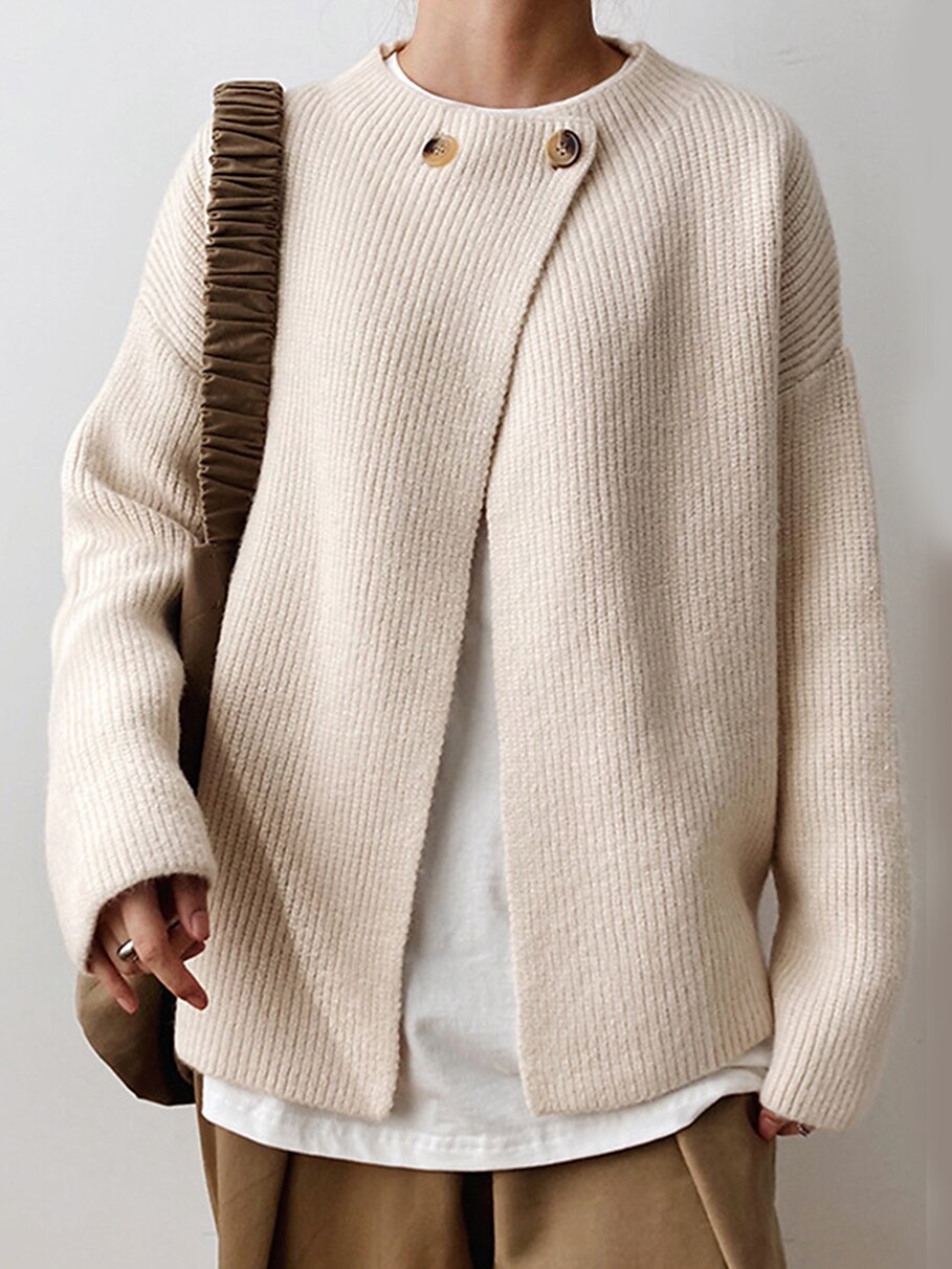 Women's Cardigan Sweater Crew Neck Ribbed Knit Polyester Button Summer Fall Daily Going out Weekend Stylish Casual Soft Long Sleeve Solid Color Khaki Beige Coffee One-Size 2023 - US $26.99 –P3