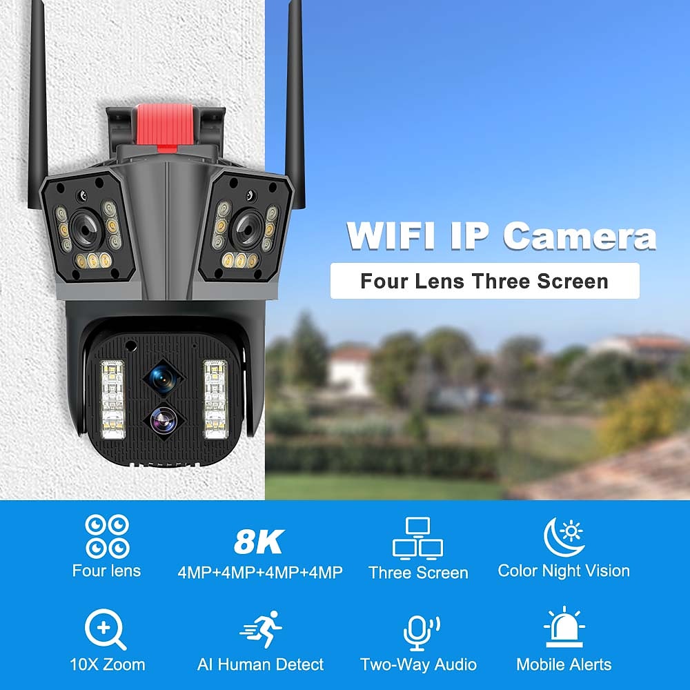 16MP 8K WiFi IP Camera 10X Zoom 4K Outdoor Security Camera Surveillance AI Track Four Lens Three Screen Mini Street Camera 360° 2025 - $182.99 –P1
