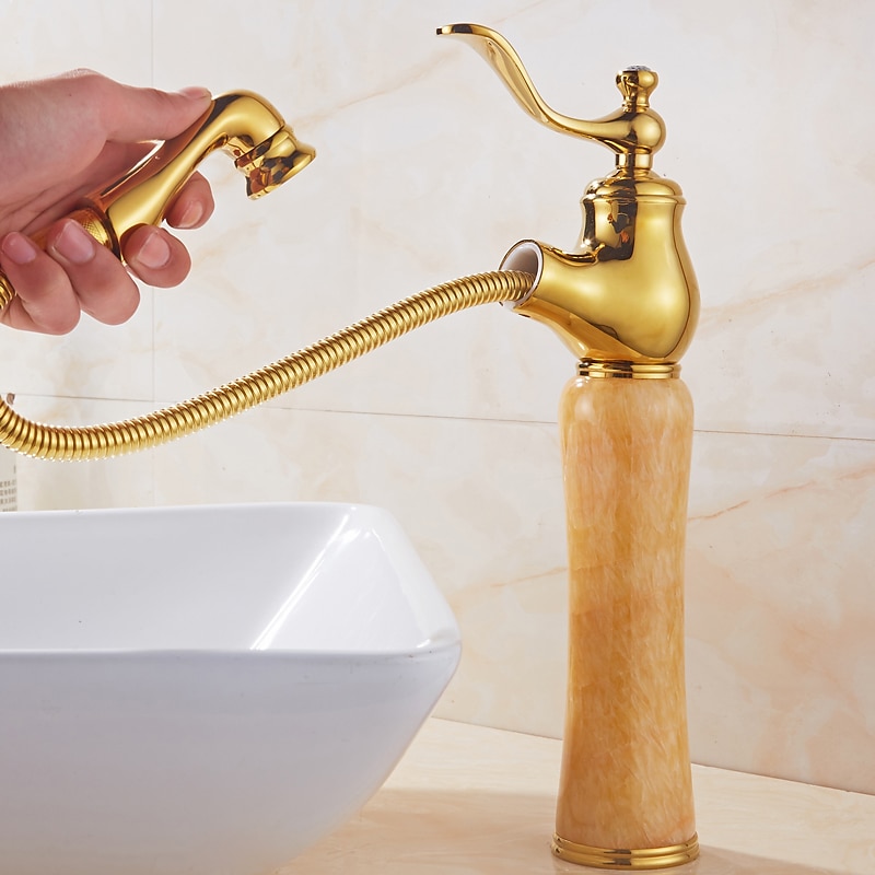 Traditional Bathroom Faucet Pull Out Basin Sink Mixer Taps Short/Tall, Vintage Brass Vessel Taps Ceramic Single Handle, with Cold and Hot Hose 2025 - $89.99 –P2