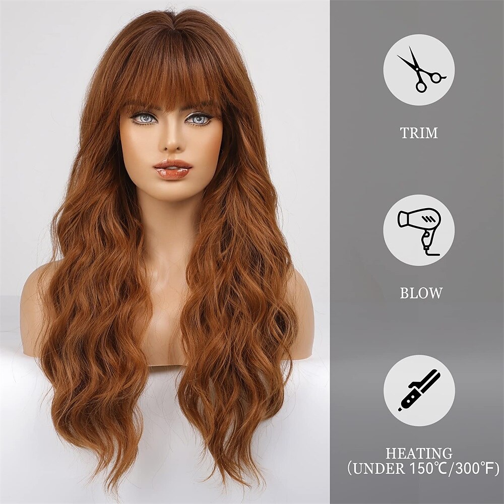 Ombre Auburn Wig with Bangs Long Curly Wig with Bangs orange wig Natural Appearance Heat-Resistant Synthetic Wig Suitable for Fashionable Women 2025 - $29.99 –P5