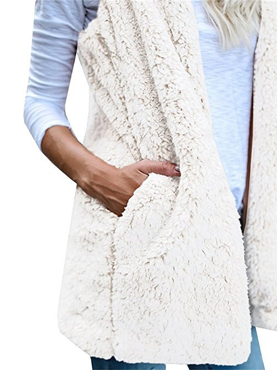 Women's Teddy Vest Warm Cream Teddy Coat with Hood Long  Sherpa Jacket with Pocket Cardigan Hoodie Fashion Daily Casual Plain Outerwear Sleeveless Fall Winter Black White Wine S M L XL XXL 3XL 2023 - US $22.99 –P12