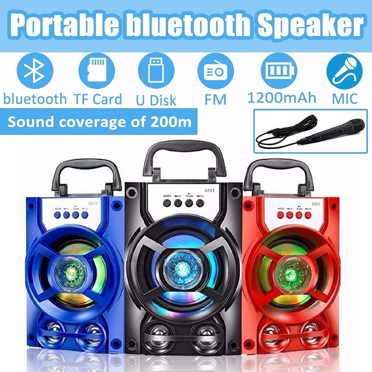 Bluetooth 5.1v Portable PA Speaker With/without Microphone Color Changing LED Light Rechargeable Karaoke Machine Supports TF Card/USB FM , Perfect for Party 2025 - $28.99 –P1