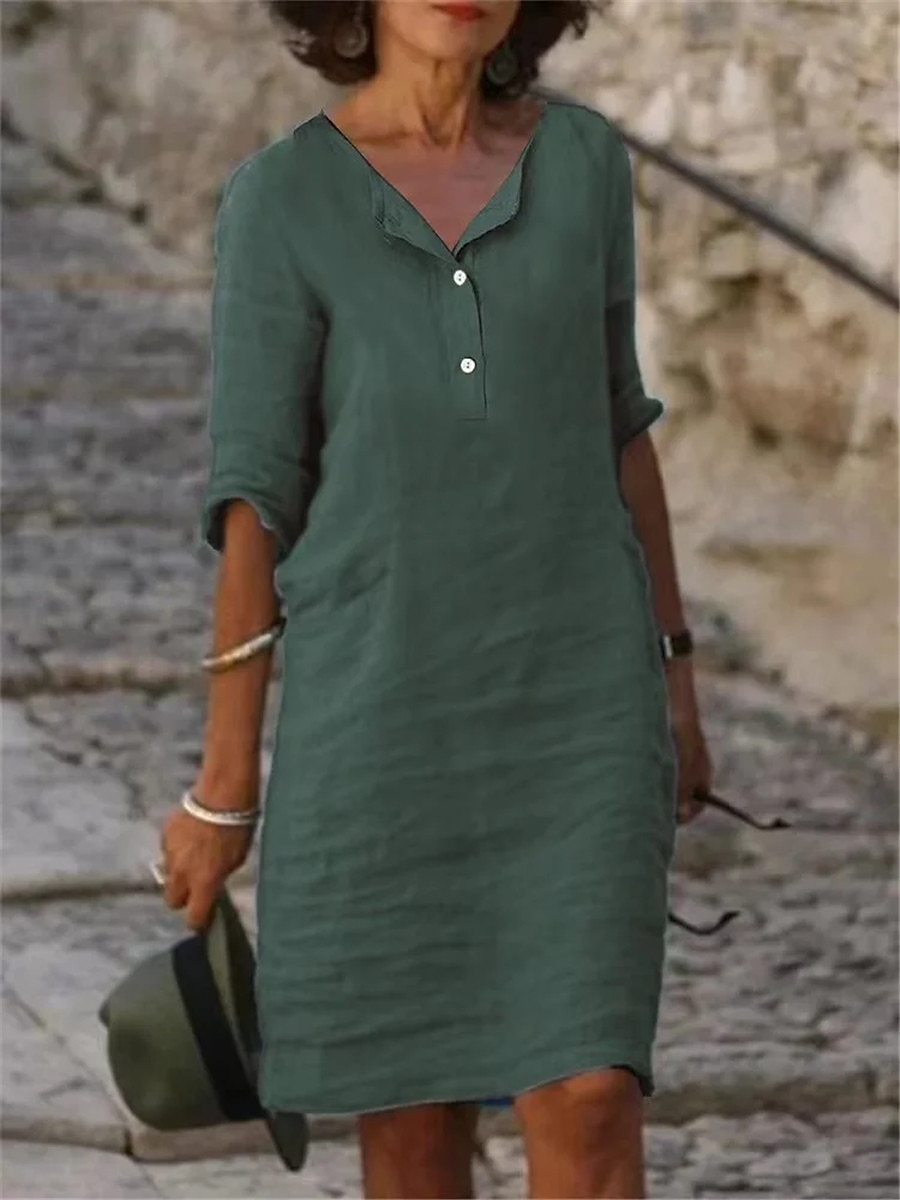 Women's Casual Dress Cotton Linen Dress Shift Dress Midi Dress Cotton Blend Classic Modern Outdoor Daily Vacation Shirt Collar Button Half Sleeve Summer Spring Fall 2023 Loose Fit Light Green Green 2023 - US $26.99 –P2