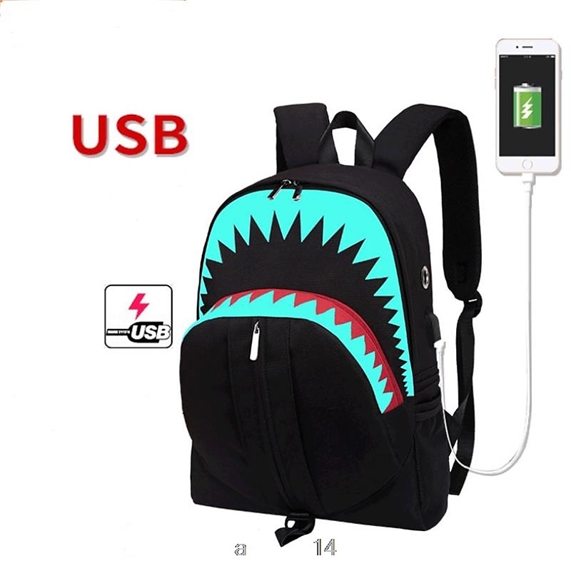 USB function backpack School Bag Men Fashion USB Charging Night Luminous Backpack Shark Laptop Backpack Teenagers School Bag Travel Bag Black 2025 - $23.99 –P7