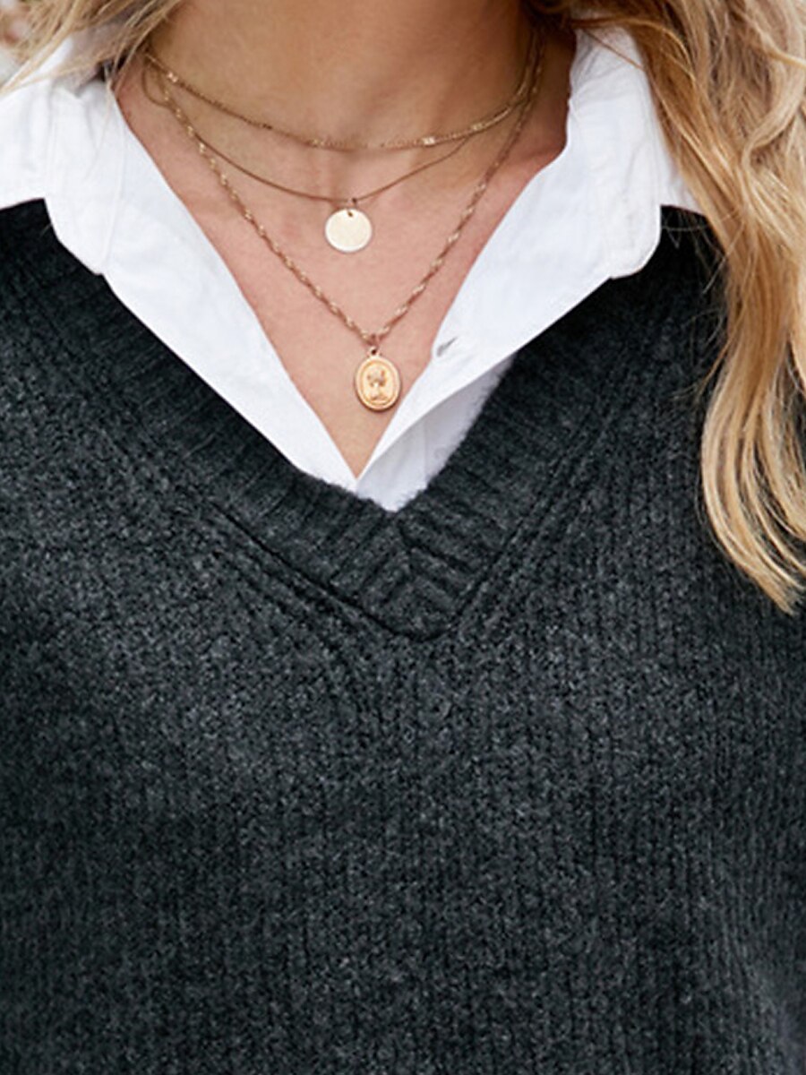 Women's Sweater Vest V Neck Ribbed Knit Polyester Split Summer Fall Daily Going out Weekend Stylish Casual Soft Sleeveless Solid Color Black Gray S M L 2023 - US $27.99 –P4