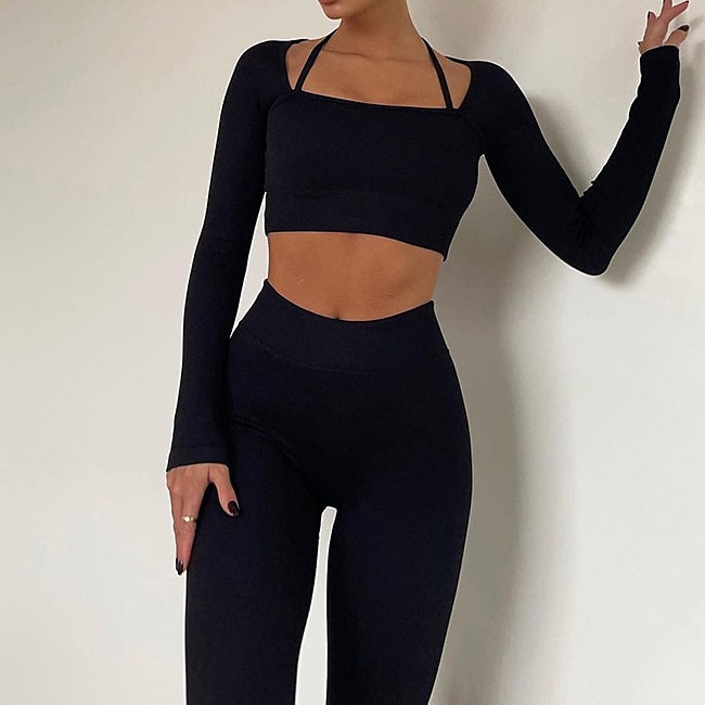 Women's Workout Sets 2 Piece Cropped Solid Color Clothing Suit Black White  Mesh Yoga Fitness Gym Workout Tummy Control Butt Lift Breathable Long Sleev