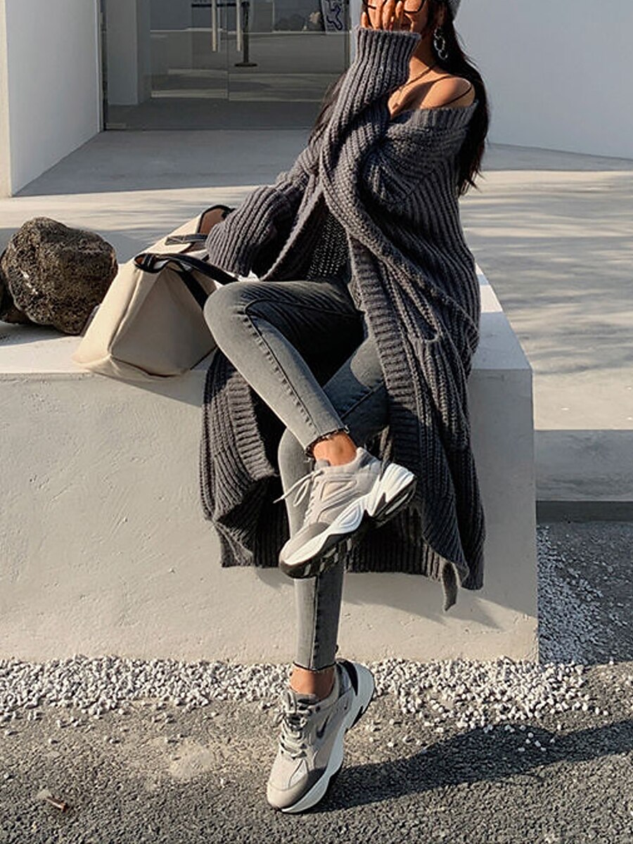 Women's Cardigan Sweater V Neck Ribbed Knit Acrylic Pocket Fall Winter Long Outdoor Daily Going out Stylish Casual Soft Long Sleeve Solid Color Camel Khaki Beige One-Size 2023 - US $23.99 –P10