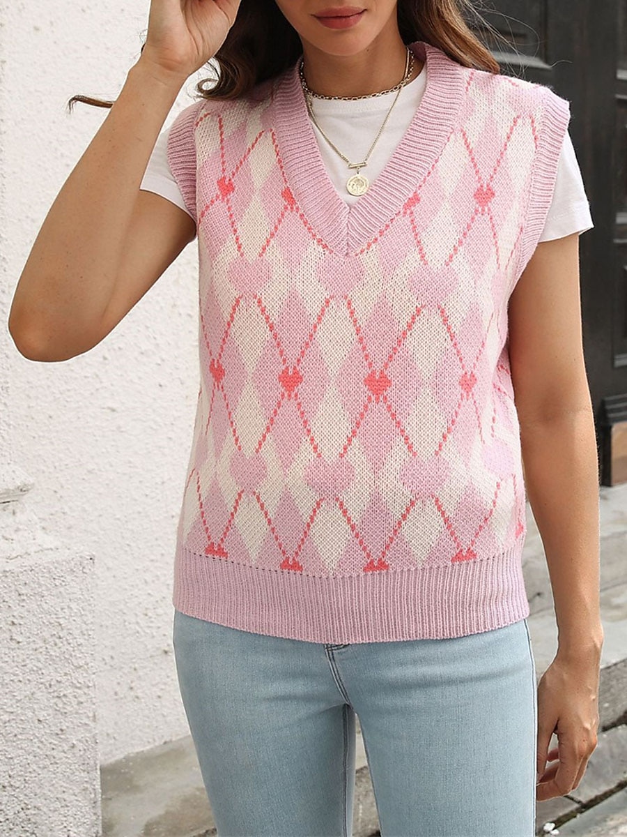 Women's Sweater Vest V Neck Ribbed Knit Acrylic Print Summer Fall Daily Holiday Going out Stylish Casual Soft Sleeveless Argyle Pink S M L 2023 - US $23.99 –P4