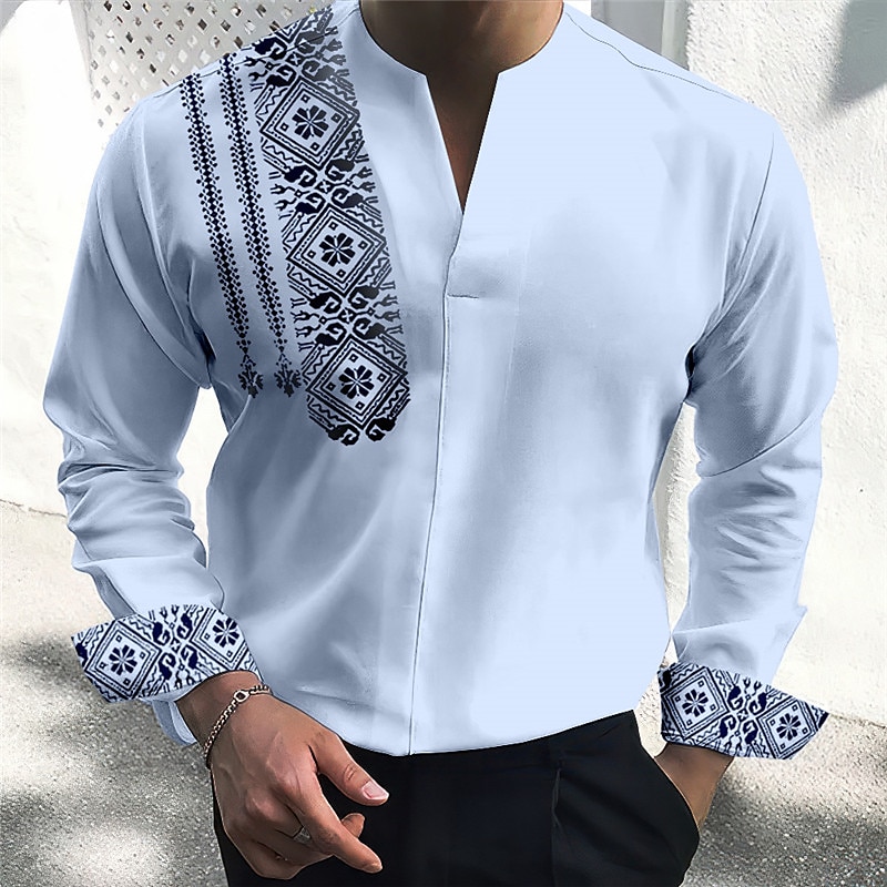 Bărbați Epocă Geometrie Totem Cămașă Camașă cu nasturi Manșon Lung Modă Șic Stradă Designer În aer liber Casual Zilnic Vară Toamnă În V Imprimeu Alb Albastru piscină Trifoi Kaki Albastru Deschis 2025 - $26.99 –P3