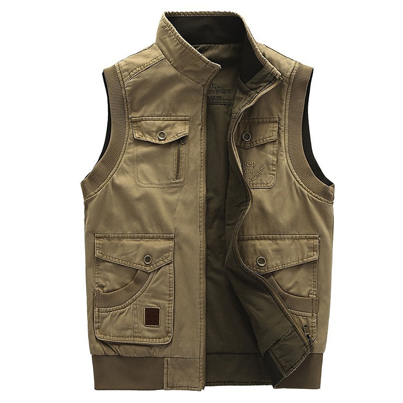 Men's Gilet Daily Wear Vacation Going out Fashion Casual Spring & Fall Multi Pocket 95% Cotton Comfortable Plain Zipper Stand Collar Regular Fit khaki Army Green Vest 2025 - $74.99 –P2