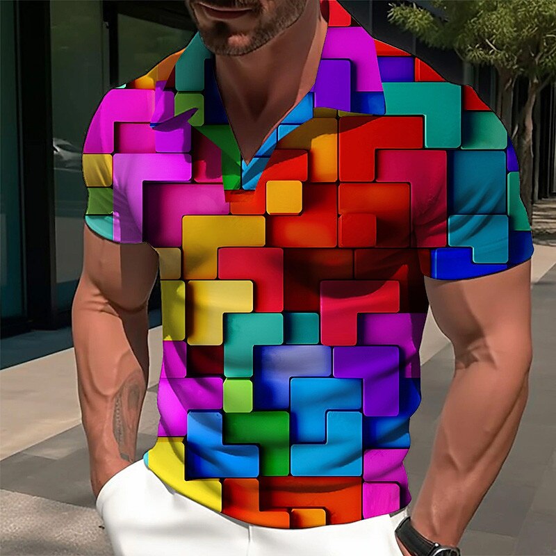 Herr Färgblock Grafiska tryck Geometri POLO Shirt Golftröja Kort ärm Skjorta Kubansk krage Utomhus Gata Rubinrött Blå Mönster Kläder Mode Designer Ledigt Andningsfunktion 2025 - $22.99 –P1