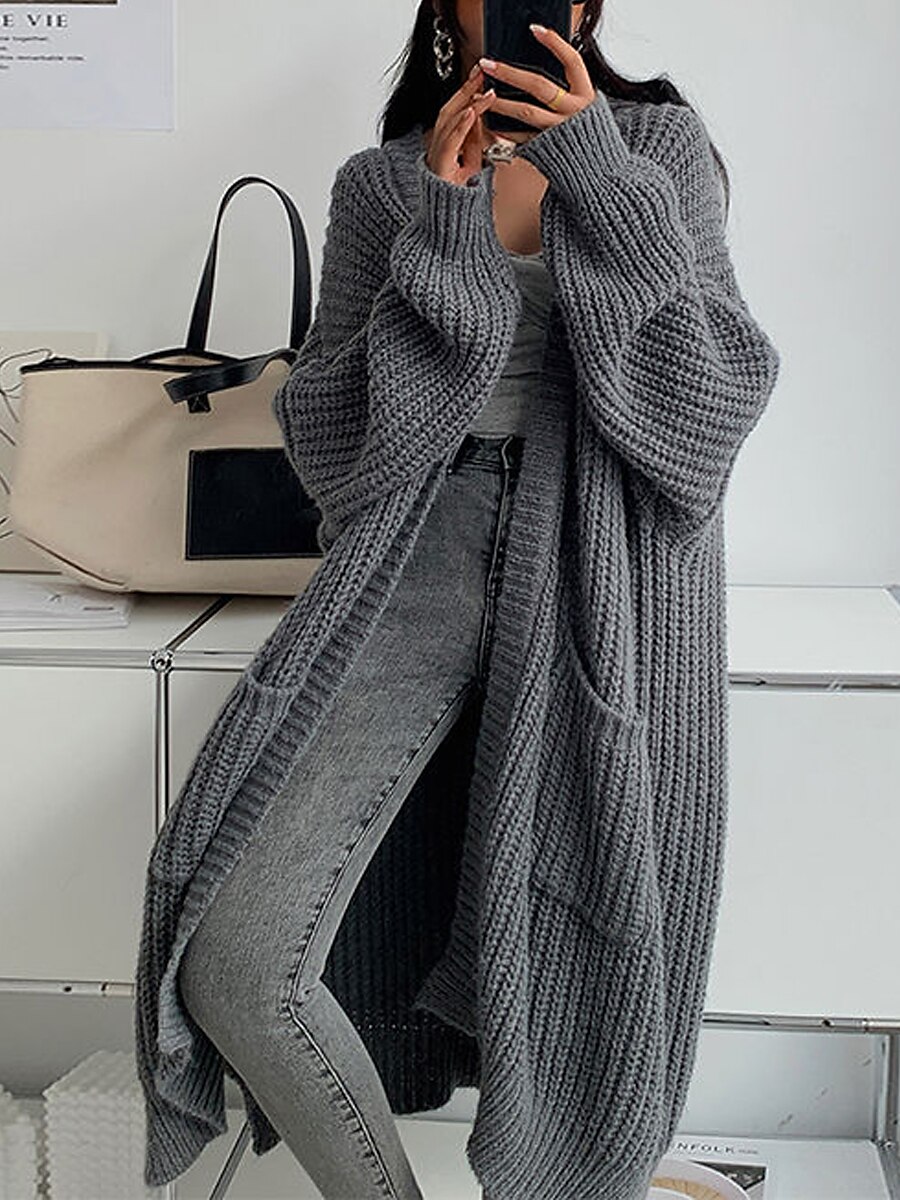 Women's Cardigan Sweater V Neck Ribbed Knit Acrylic Pocket Fall Winter Long Outdoor Daily Going out Stylish Casual Soft Long Sleeve Solid Color Camel Khaki Beige One-Size 2023 - US $23.99 –P9