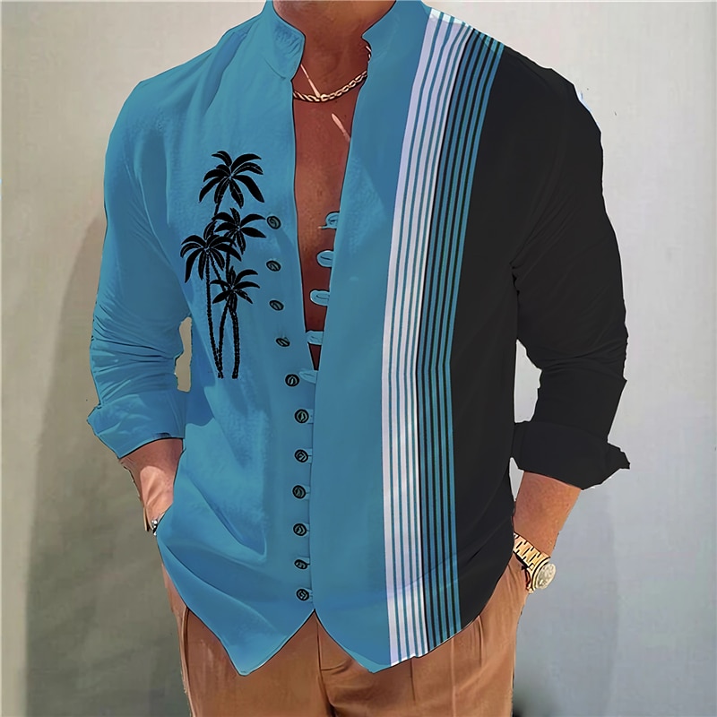 Men's Coconut Tree Striped Tropical Plants Shirt Summer Hawaiian Shirt Aloha Shirt Long Sleeve Shirt Stand Collar Fashion Streetwear Designer Outdoor Street Casual Light Green Light Brown Blue S M L 2025 - $26.99 –P5