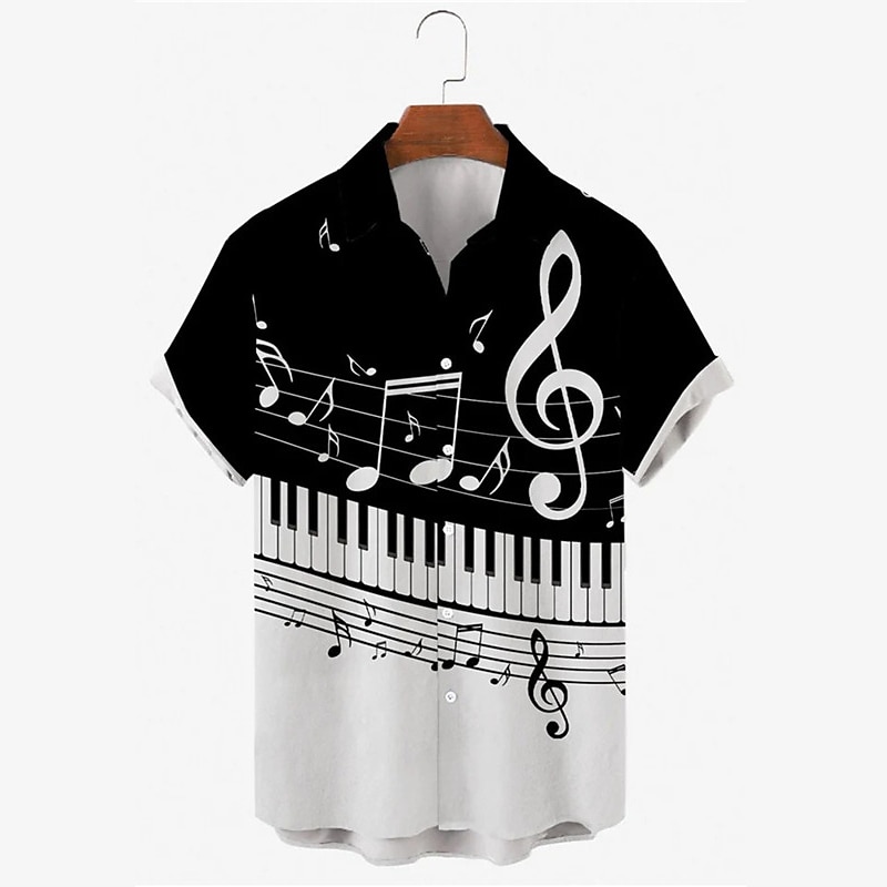 Men's Vintage Music Notes Shirt Button Up Shirt Short Sleeve Fashion Streetwear Designer Outdoor Daily Summer Spring Turndown Print Black White Yellow Wine Blue 2025 - $24.99 –P5