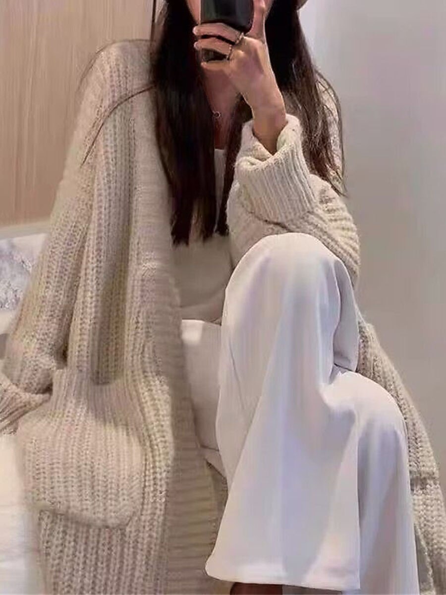 Women's Cardigan Sweater V Neck Ribbed Knit Acrylic Pocket Fall Winter Long Outdoor Daily Going out Stylish Casual Soft Long Sleeve Solid Color Camel Khaki Beige One-Size 2023 - US $23.99 –P14