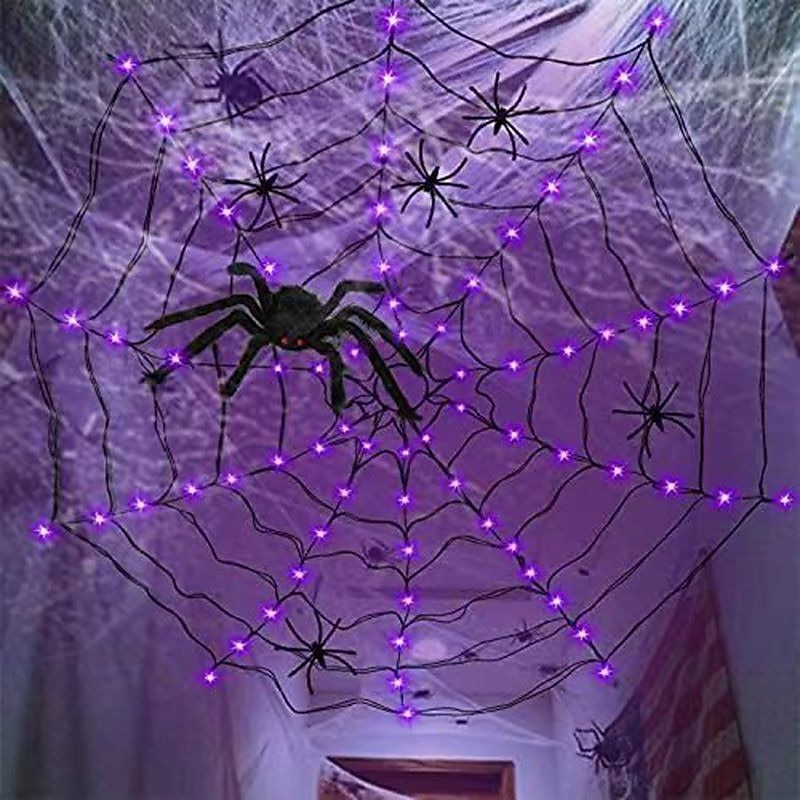 Luzes de teia de aranha de Halloween 60 LED com aranha preta à prova d'água luzes de rede roxas controle remoto alimentado por USB 8 modos teia de aranha para decoração de quintal de festa iluminação de 2025 por $23.99 –P9