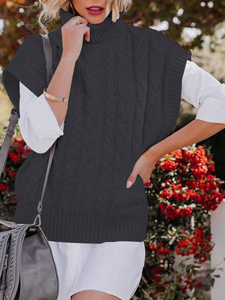 Women's Sweater Vest Turtleneck Ribbed Knit Acrylic Oversized Summer Fall Daily Going out Weekend Stylish Casual Soft Short Sleeves Solid Color Black Beige Coffee S M L 2023 - US $24.99 –P19