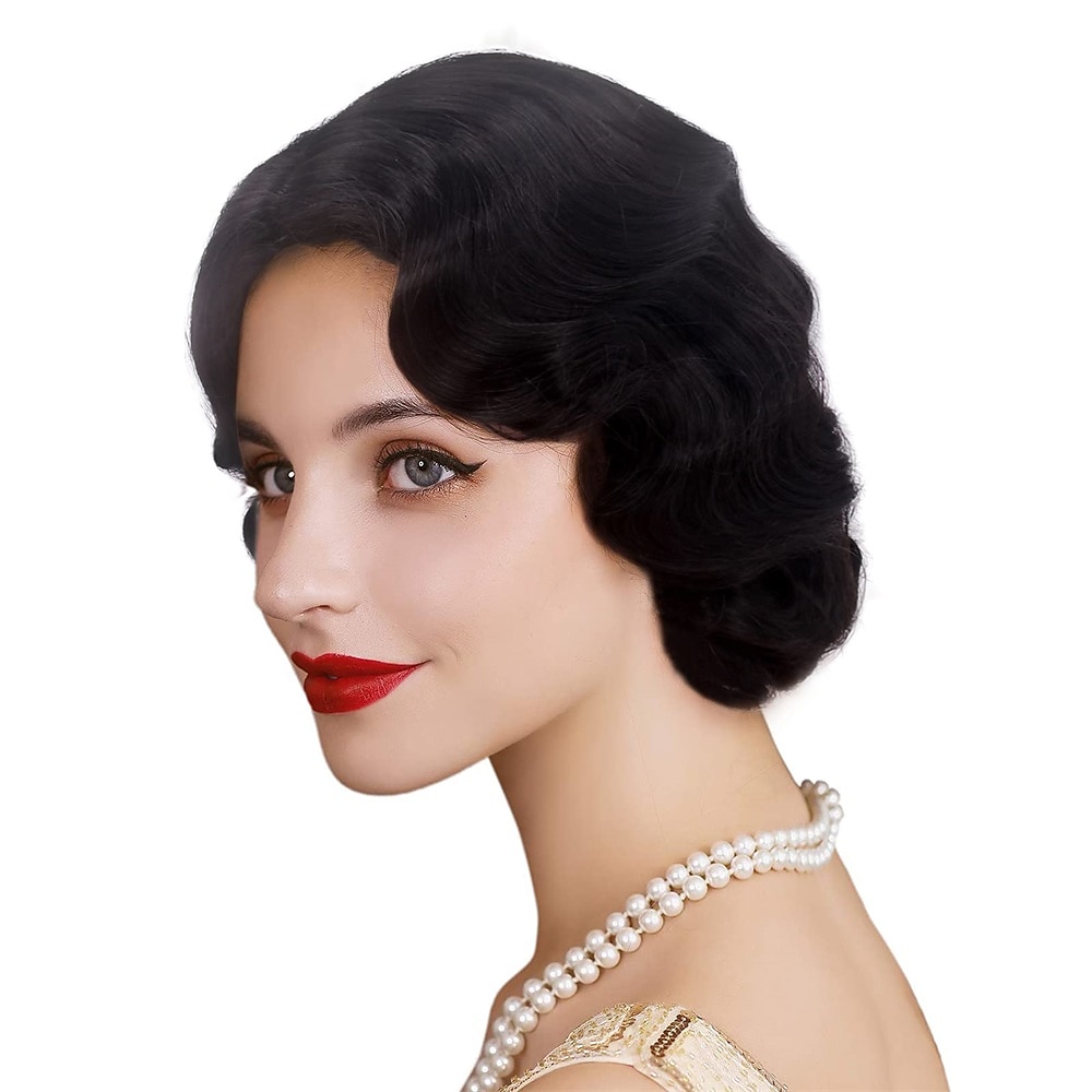 Lang 1920-talls parykk fingerbølger parykk krøllete kort parykk vintage parykker kvinner dame syntetisk varmebestandig full parykk cosplay kostyme festdrakt med parykk hette Halloween-parykker 2026 - $18.99 –P1