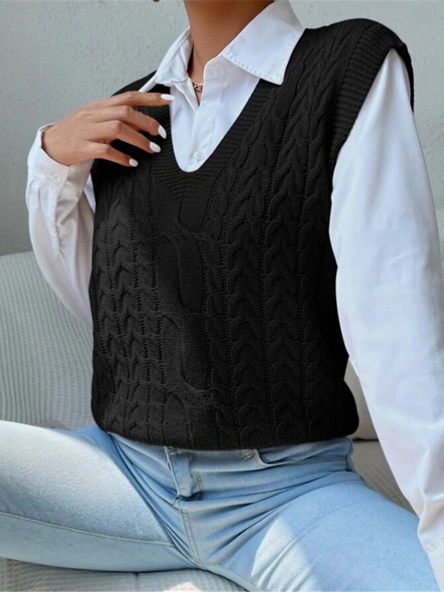 Women's Sweater Vest V Neck Cable Knit Acrylic Oversized Summer Fall Daily Going out Weekend Stylish Casual Soft Sleeveless Solid Color Black Khaki S M L 2023 - US $29.99 –P11