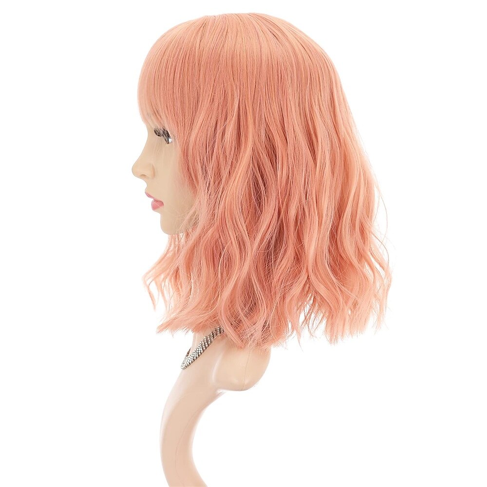 Krátká blond paruka s růžovými pruhy s ofinou ženská blond smíšená růžová bob paruka kudrnatá vlnitá syntetická cosplay paruka po ramena pro dívčí Halloween cosplay party paruky 2025 - $22.99 –P11