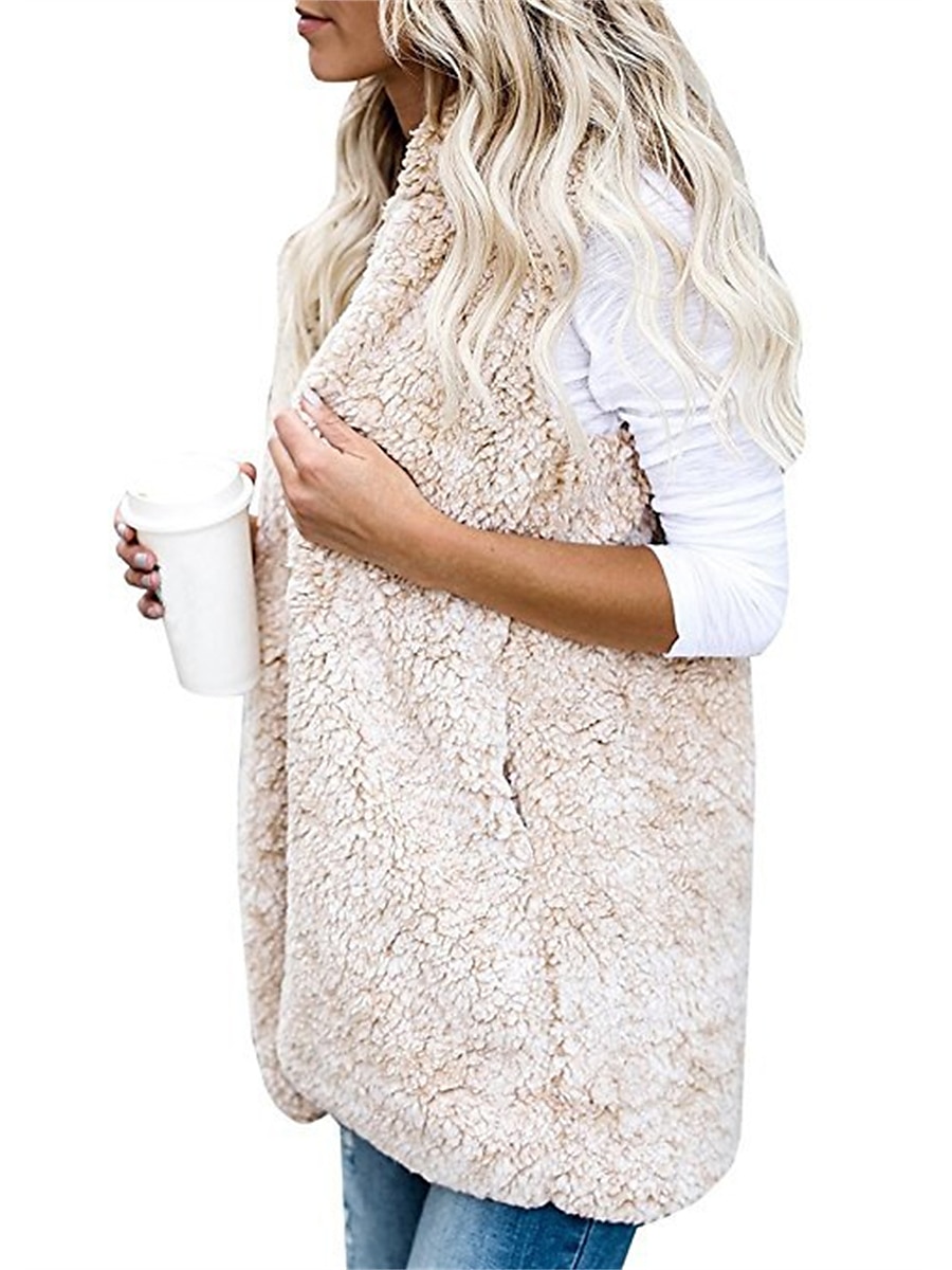 Women's Teddy Vest Warm Cream Teddy Coat with Hood Long  Sherpa Jacket with Pocket Cardigan Hoodie Fashion Daily Casual Plain Outerwear Sleeveless Fall Winter Black White Wine S M L XL XXL 3XL 2023 - US $22.99 –P3