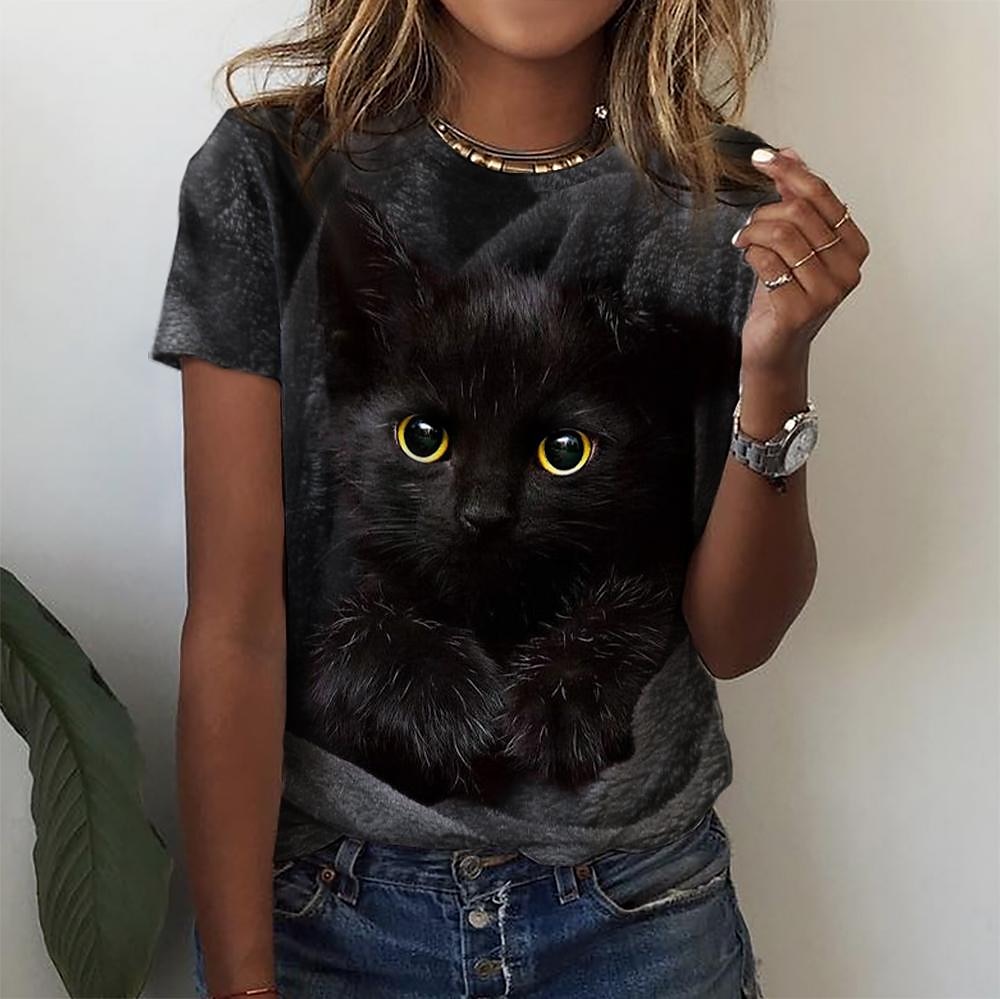Women's T Shirt Basic Cat Print Short Sleeve Regular Tops Round Neck Daily Weekend Red Blue Purple Green Gray 2025 - $19.99 –P3