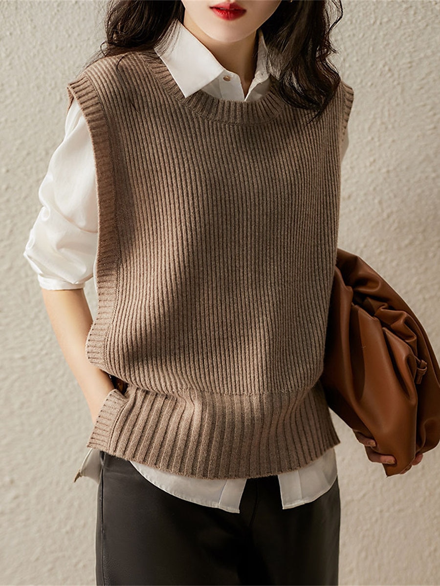 Women's Sweater Vest Crew Neck Ribbed Knit Acrylic Button Summer Fall Daily Holiday Date Stylish Casual Soft Sleeveless Pure Color Brown Beige Coffee One-Size 2023 - US $27.99 –P1