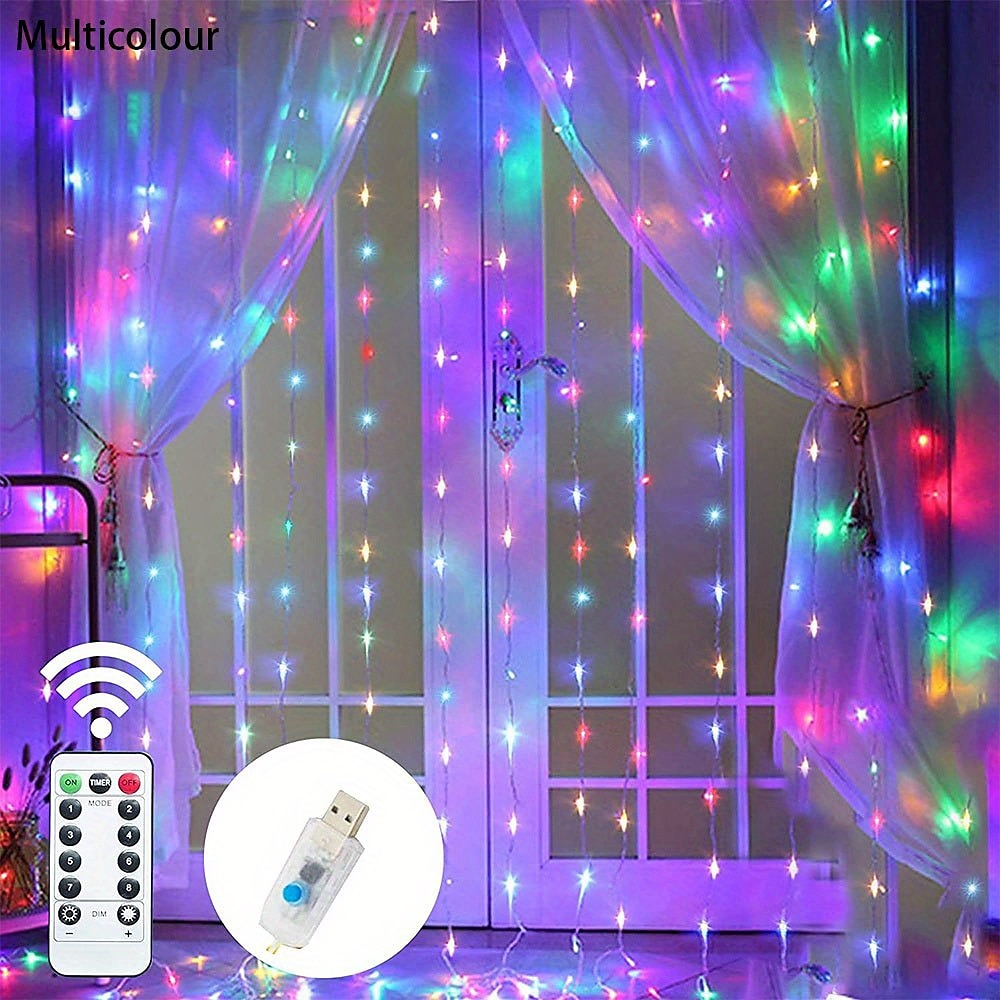 led gardinlys 3x3m-300 led 8 moduser usb med fjernkontroll 9 farger for hjemmerom soverom bryllupsfest jul vindu veggdekorasjoner rominnredning 2025 - $24.99 –P2