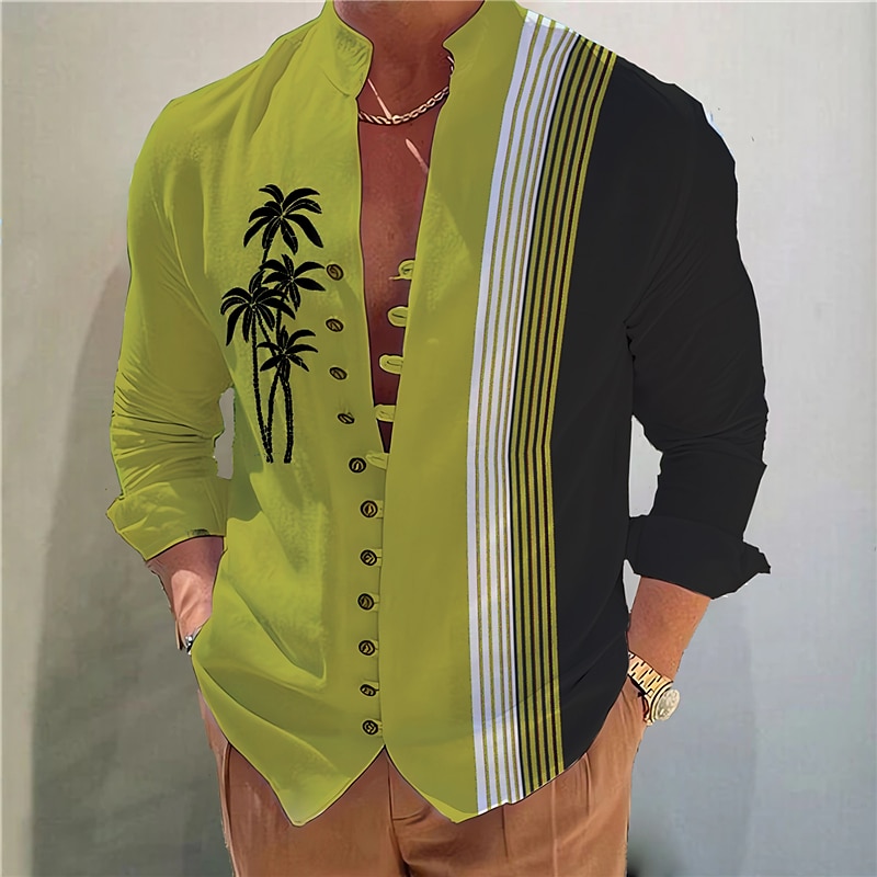 Men's Coconut Tree Striped Tropical Plants Shirt Summer Hawaiian Shirt Aloha Shirt Long Sleeve Shirt Stand Collar Fashion Streetwear Designer Outdoor Street Casual Light Green Light Brown Blue S M L 2025 - $26.99 –P6