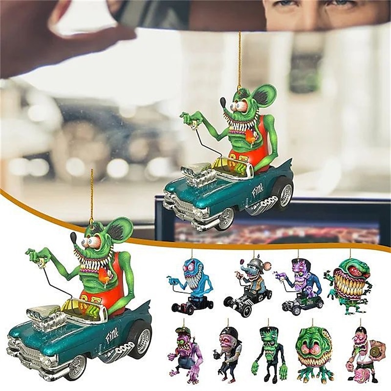Ciondolo per auto a forma di mostro a grande bocca 2PCS modello di bambola piatta in acrilico statua di topo pazzo Rat Fink alla guida accessori per auto Halloween decorazioni per casa del 2025 a $11.99 –P1