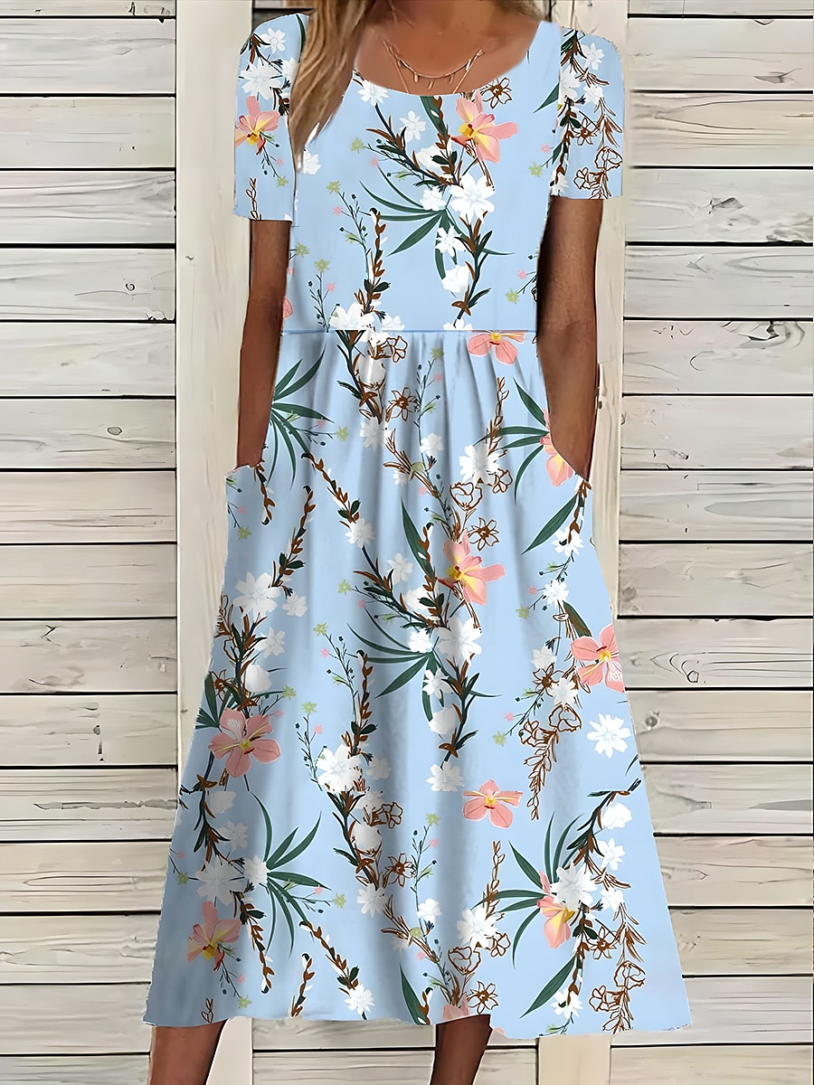 Robe midi femme impression à fleurs avec poches col rond quotidienne rendez-vous manches courtes été printemps de 2025 ? $46.99 –P5
