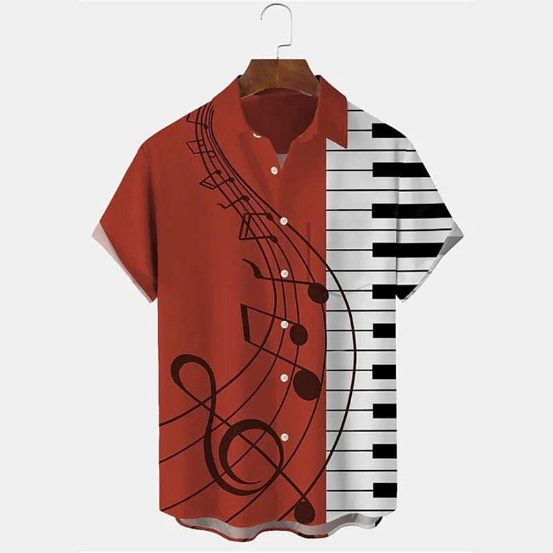 Men's Vintage Music Notes Shirt Button Up Shirt Short Sleeve Fashion Streetwear Designer Outdoor Daily Summer Spring Turndown Print Black White Yellow Wine Blue 2025 - $24.99 –P3