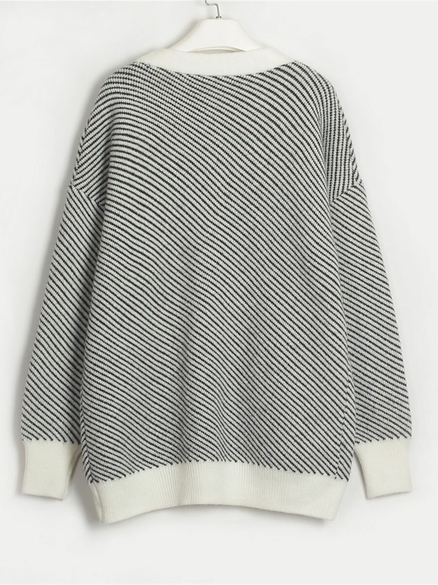 Women's Cardigan Sweater V Neck Ribbed Knit Acrylic Polyester Button Print Summer Fall Long Outdoor Daily Going out Stylish Casual Soft Long Sleeve Striped White Camel Light Blue One-Size 2023 - US $43.99 –P10