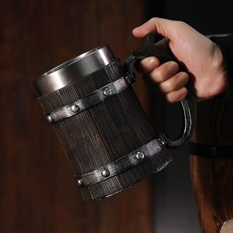 Beer Mugs, Nordic Viking Rune Beer Glasses Large Oak Beer Mug Coffee Mug with Stainless Steel Wood Resin 3D, Mugs for Men, Father's Day Gift 2025 - $37.99 –P2
